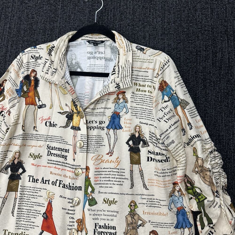 John Mark Button Up Wire Neck Collar Fashion Newsprint Rayon Button 3/4 Sleeve M - Picture 2 of 7